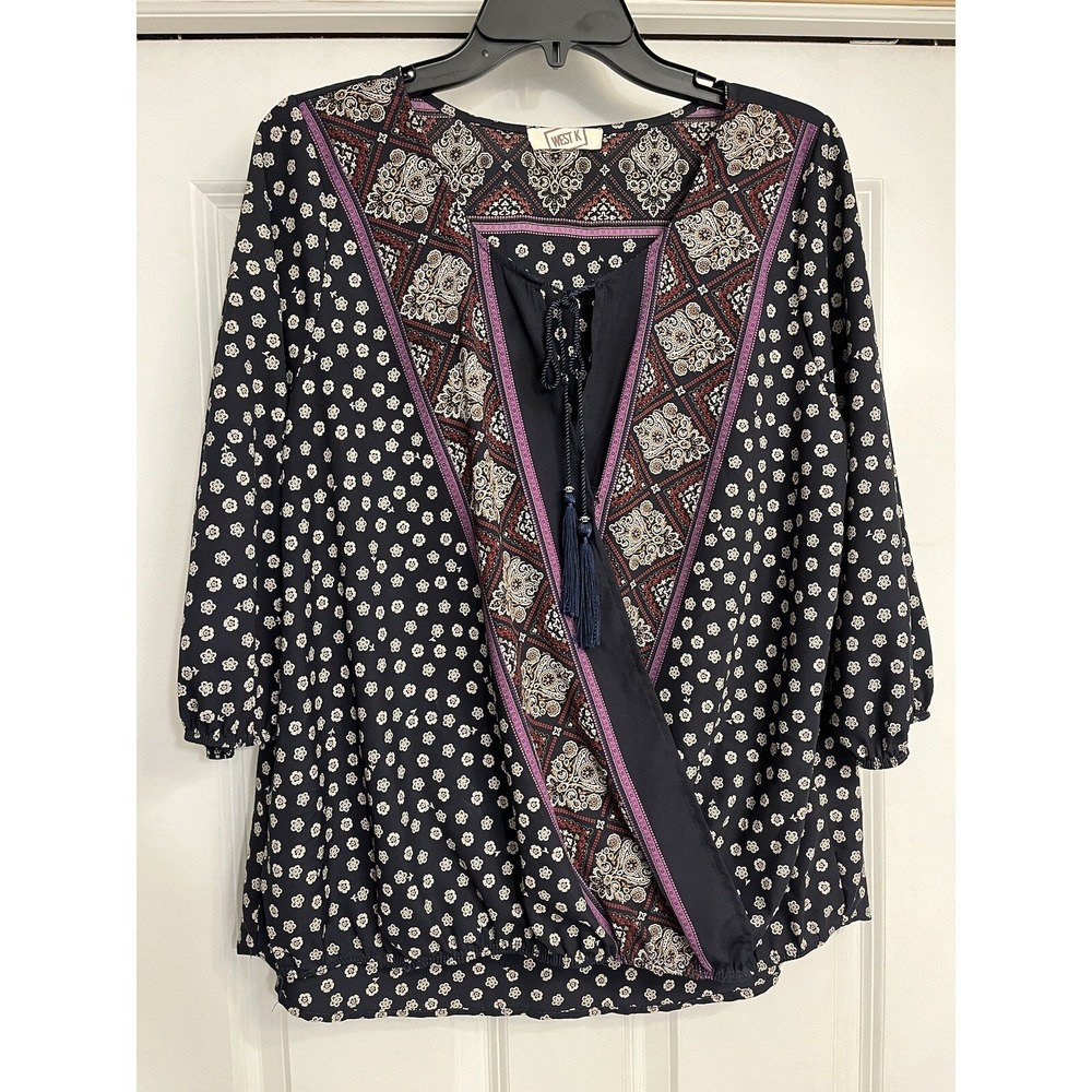 West K Large Boho Chic Top Wrap Blouse Blue Patchwork Design Shirt